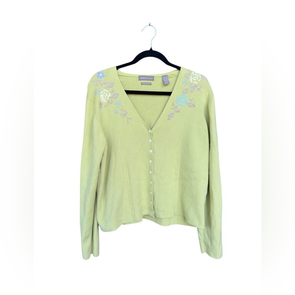 Vintage Valerie Steven’s Green Cotton Embroidered Floral Cardigan XL Cottagecore - Picture 2 of 8
